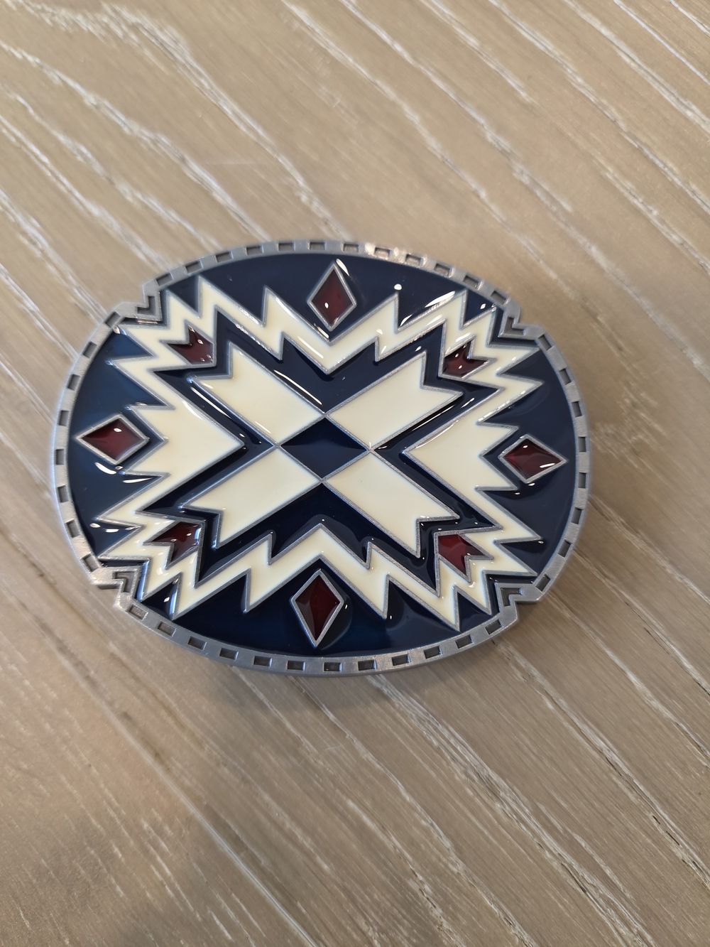 Southwestern Geometric Enamel Oval Western Belt Buckle Blue Red Cream